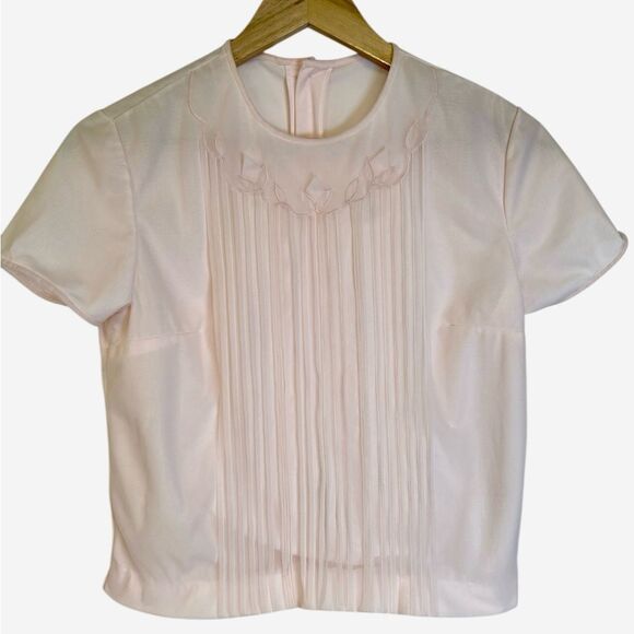 Vintage Pink Chiffon and Nylon Pleated Floral Short Sleeve Blouse Size Small - Picture 5 of 9